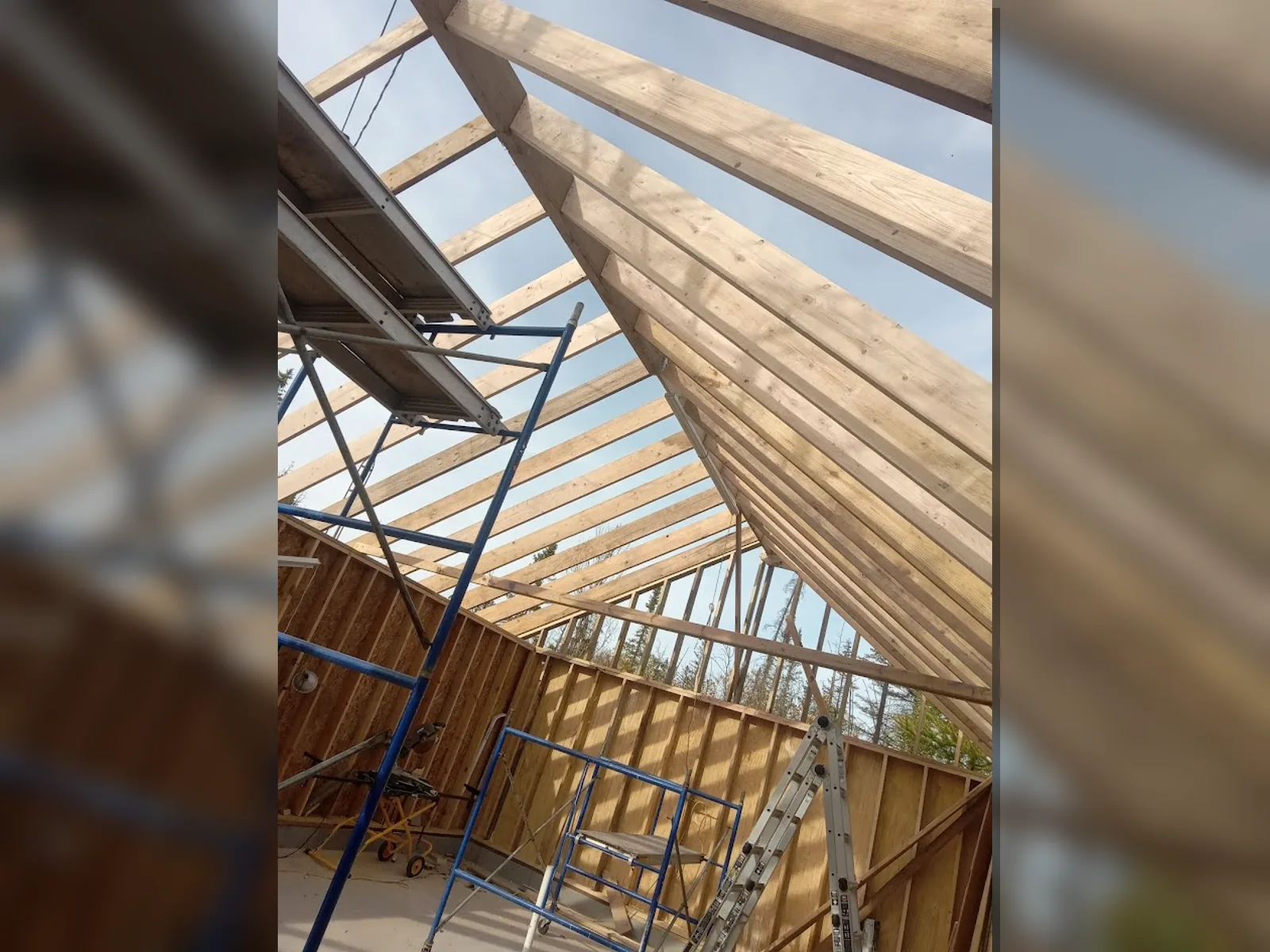 Interior roof framing and rafters during construction