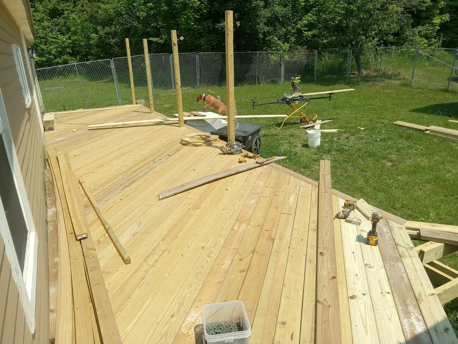 Deck boards and posts during construction